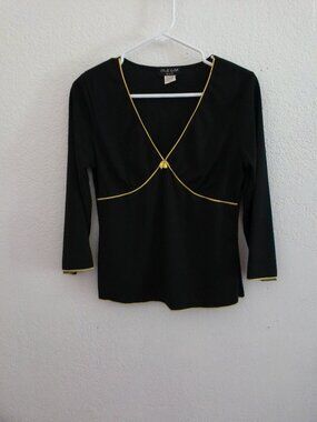 Club SoDA, black long sleeve top, V-neck, with little yellow color design
